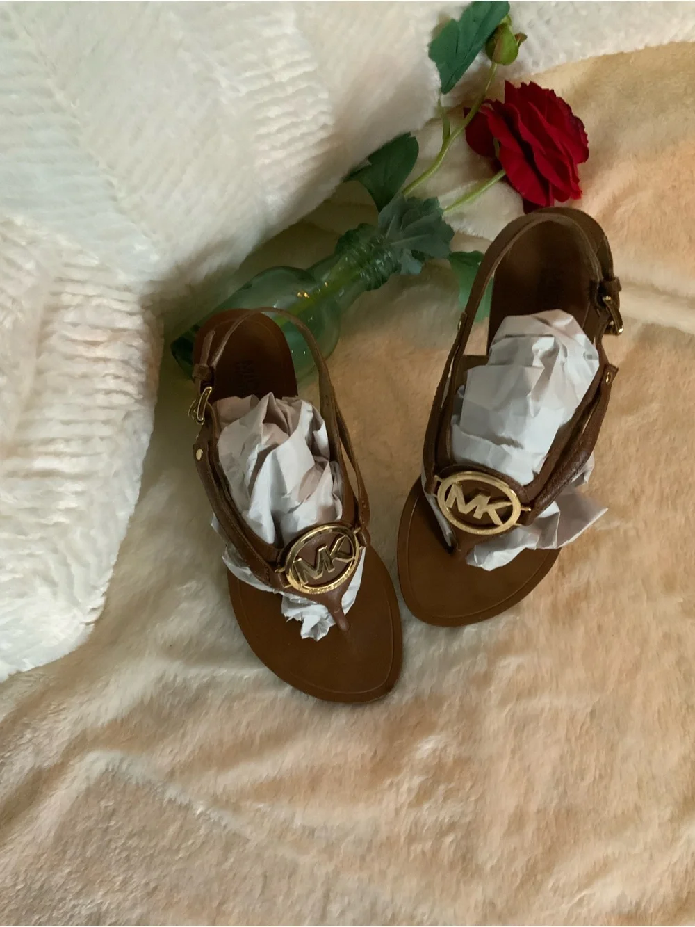 Michael Kors Brown Girls' MK Logo T-Strap Sandals